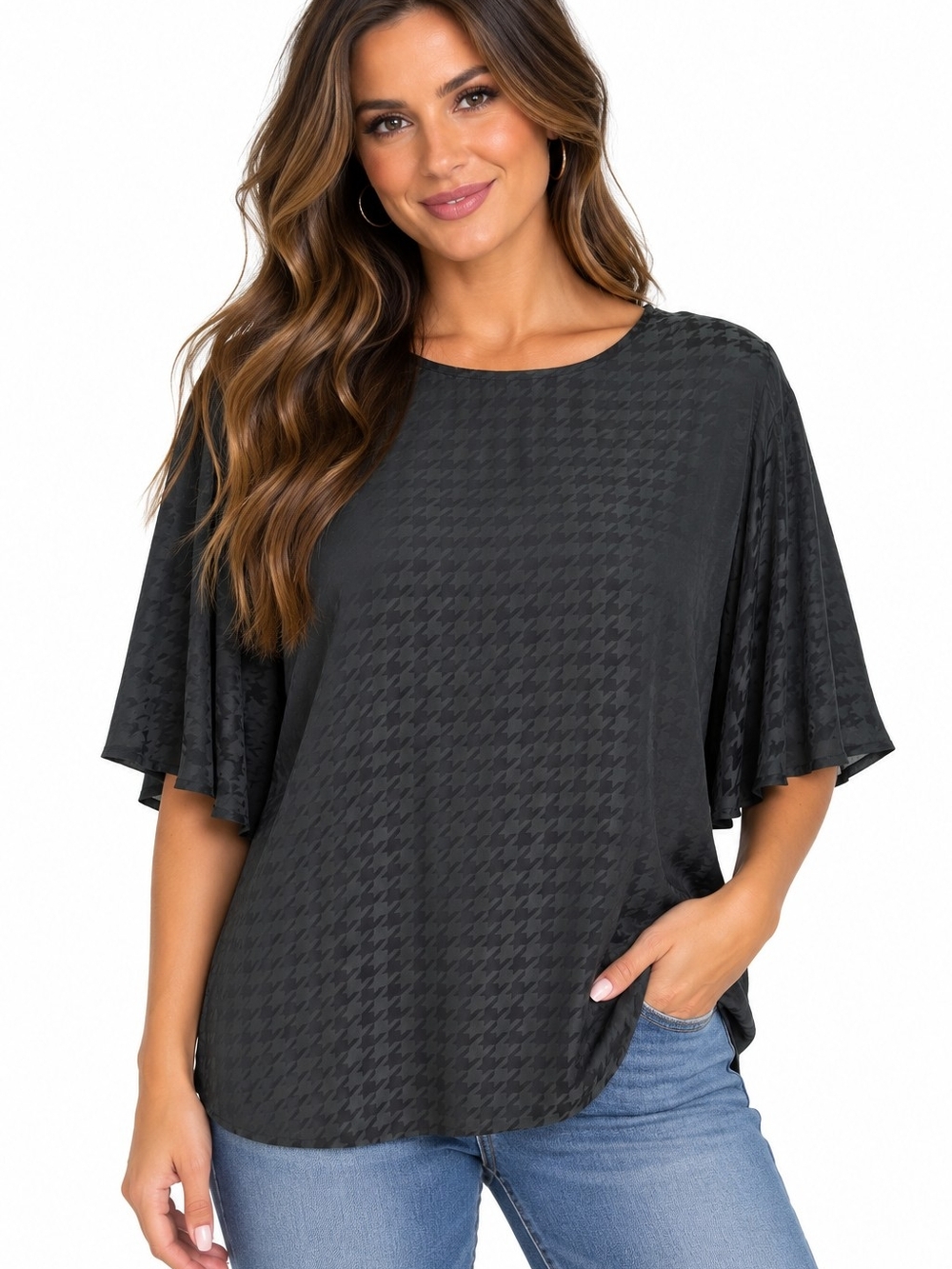 a new day Black Houndstooth Flutter Sleeve Top